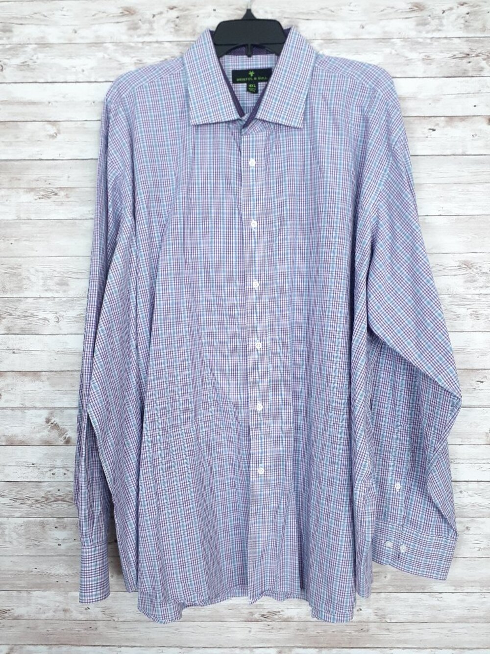 Bristol & Bull Mens Button Up Dress Shirt 4XL Purple Blue Plaid Long Sleeve 787A